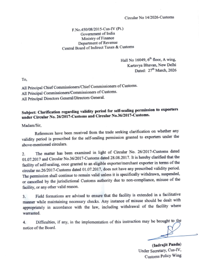 CBIC Clarifies No Validity Limit for Exporters' Self-Sealing Permission