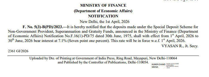 Finance Ministry Sets 7.1% Interest Rate for Special Deposit Scheme for Q1 FY 2026-27