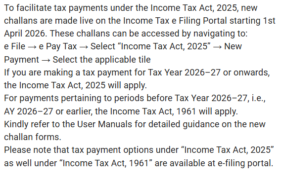 New Tax Payment Challans Go Live on Income Tax Portal from 1st April 2026 Under IT Act 2025
