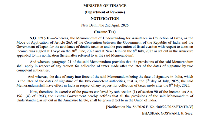 India Notifies MoU with Japan for Tax Recovery Assistance Under Income Tax Act