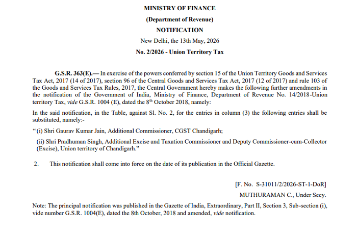 Finance Ministry Revises Chandigarh Authority Members Under UTGST Rules