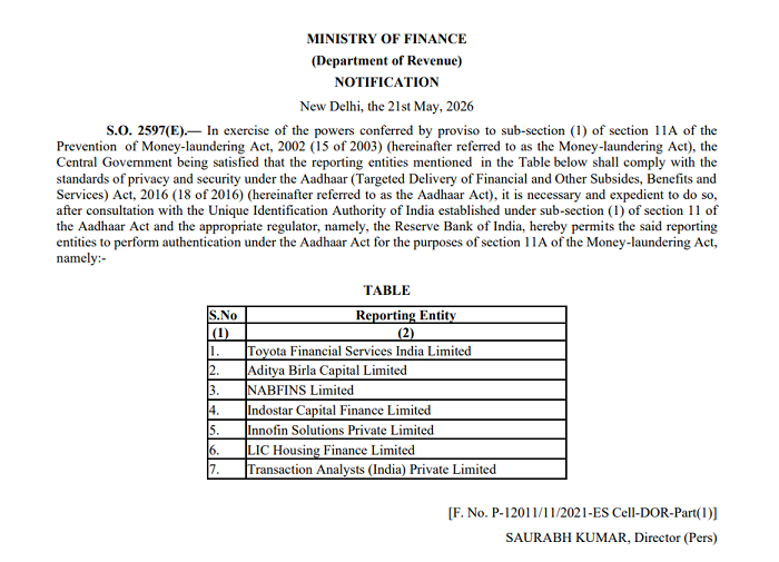 Finance Ministry Allows 7 Financial Entities to Use Aadhaar Authentication Under PMLA