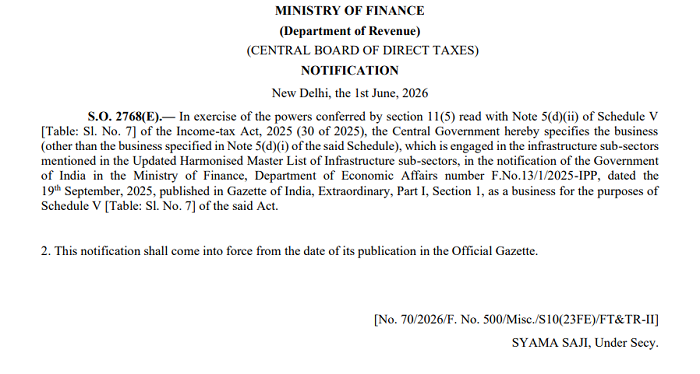 CBDT Notifies Infrastructure Sub-Sectors as Eligible Businesses Under Income Tax Act, 2025