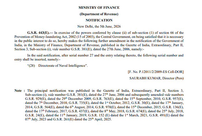 Finance Ministry Notifies Directorate of Naval Intelligence Under PMLA Information-Sharing Provisions