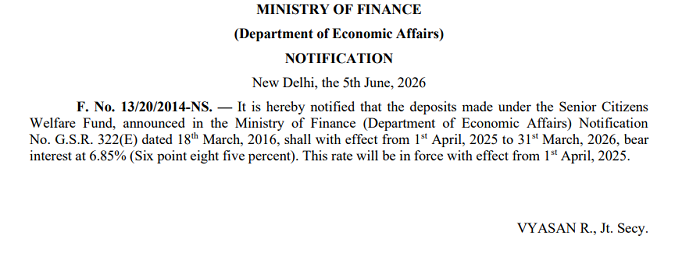 Senior Citizens Welfare Fund Interest Rate Fixed at 6.85% for FY 2025-26