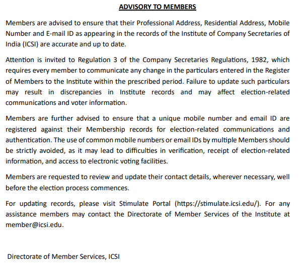 ICSI Issues Advisory to Update Member Contact Details Before Elections ICSI Issues Advisory to Update Member Contact Details Before Elections