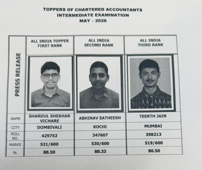 Toppers of the CA Intermediate Examination held in May 2026 Toppers of the CA Intermediate Examination held in May 2026
