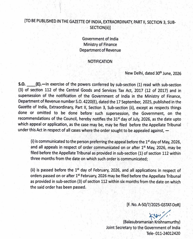 GSTAT Appeal Filing Deadline Extended Till 31st July 2026