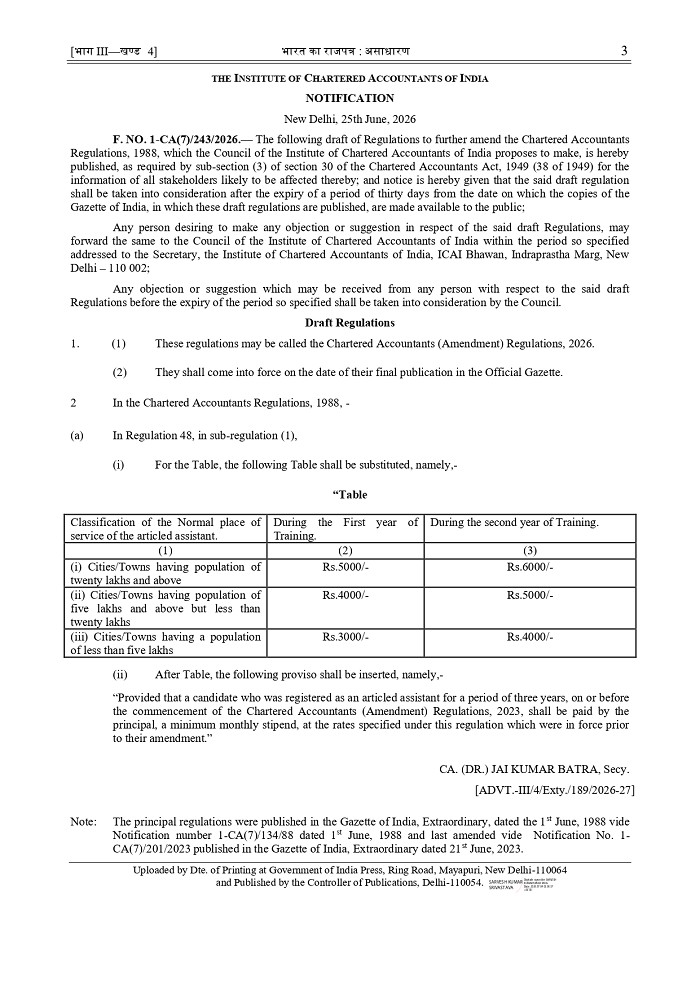 ICAI Proposes Higher Stipend for CA Articleship Students Under Draft Amendment Regulations, 2026 ICAI Proposes Higher Stipend for CA Articleship Students Under Draft Amendment Regulations, 2026