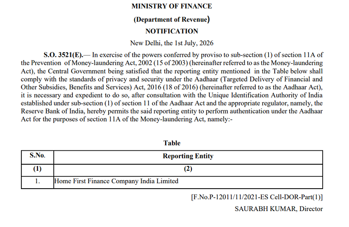 Finance Ministry Grants Aadhaar Authentication Permission to Home First Finance