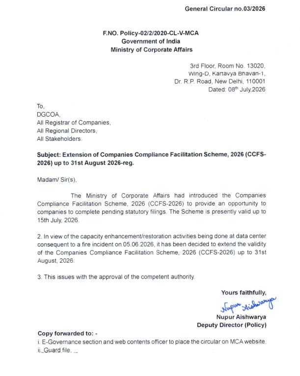 MCA Extends CCFS-2026 Deadline to 31st August 2026 Amid Data Centre Restoration