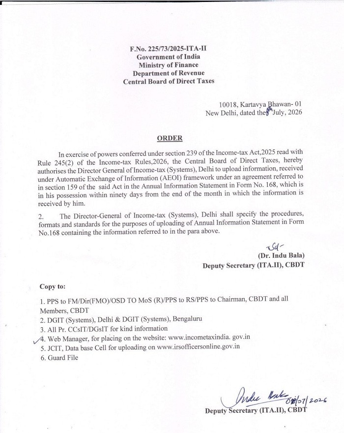 CBDT Authorises DGIT (Systems) to Upload Global Financial Information in AIS Under Income Tax Act, 2025