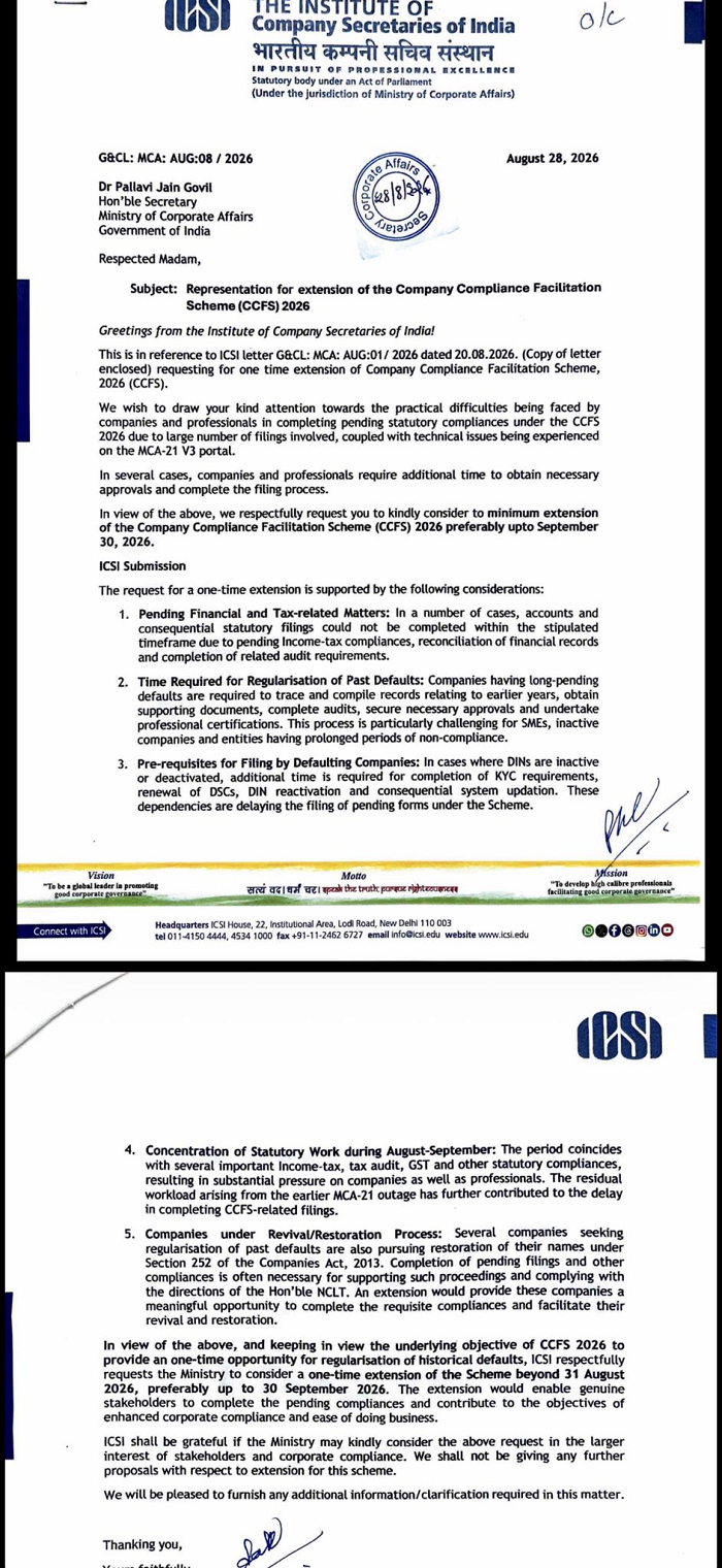 ICSI Seeks Extension of CCFS 2026 Till 30th September 2026
