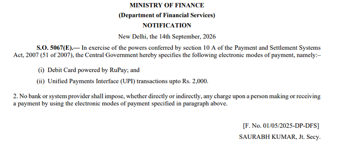 Finance Ministry Notifies No-Charge Rule for RuPay Debit Cards and UPI up to Rs 2000
