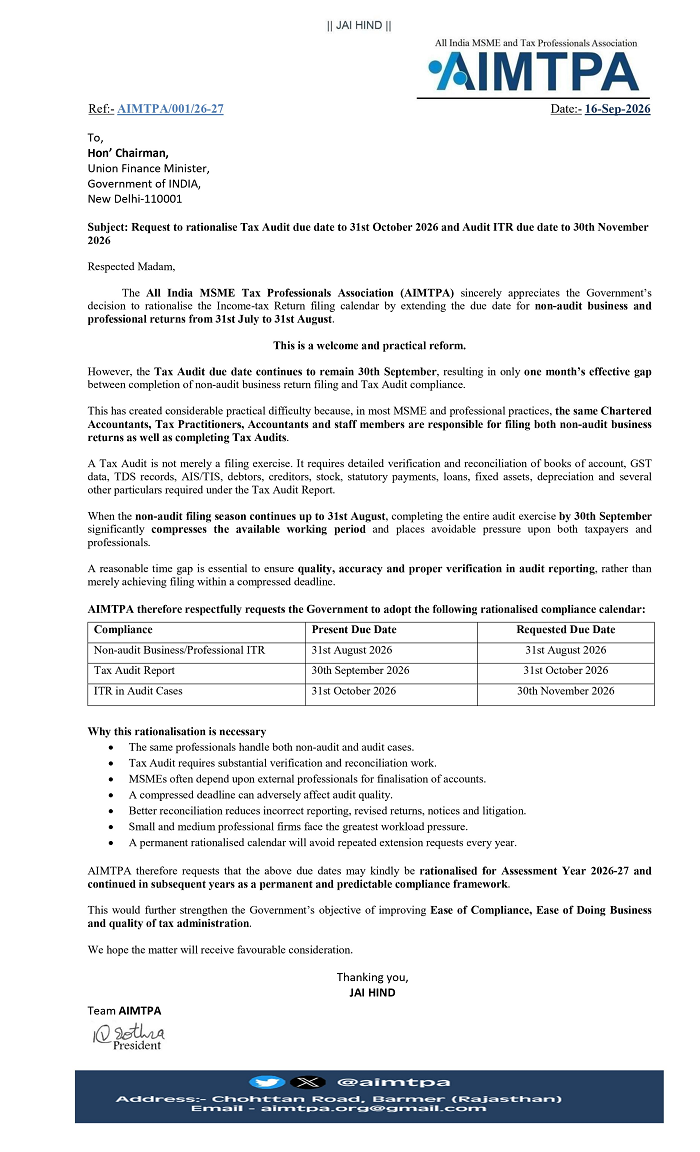 AIMTPA Seeks Tax Audit & ITR Due Date Extension for AY 2026-27