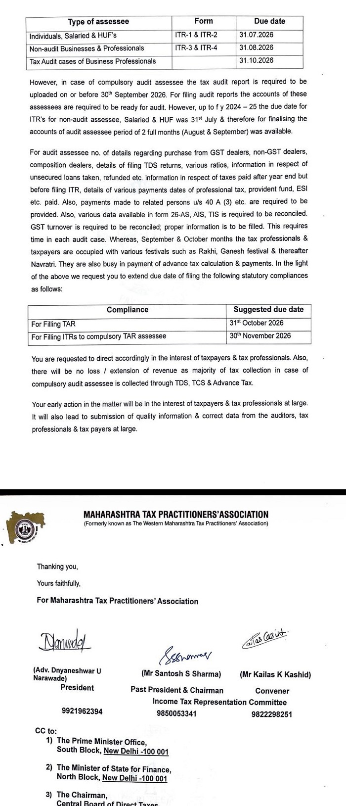 MTPA Seeks Tax Audit Deadline Extension: TAR by 31st Oct, ITR by 30th Nov 2026 MTPA Seeks Tax Audit Deadline Extension: TAR by 31st Oct, ITR by 30th Nov 2026