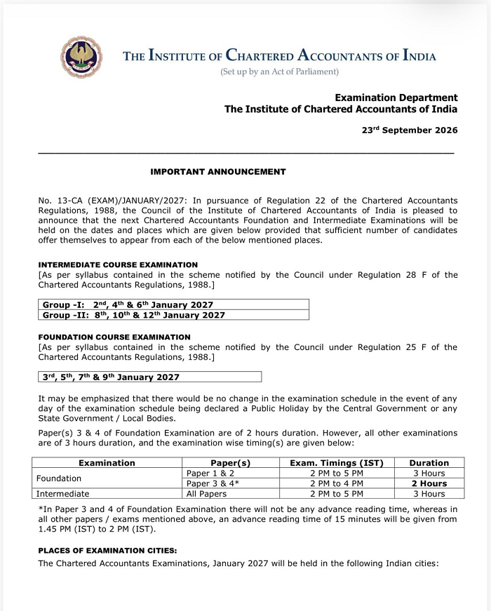 CA Exams January 2027: ICAI Announces Foundation and Intermediate Exam Schedule