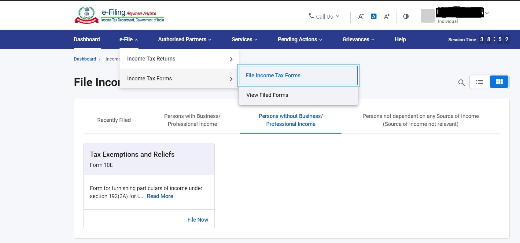 Go to e-file >>> income tax forms >>> File income tax forms >>>person without business/professional income