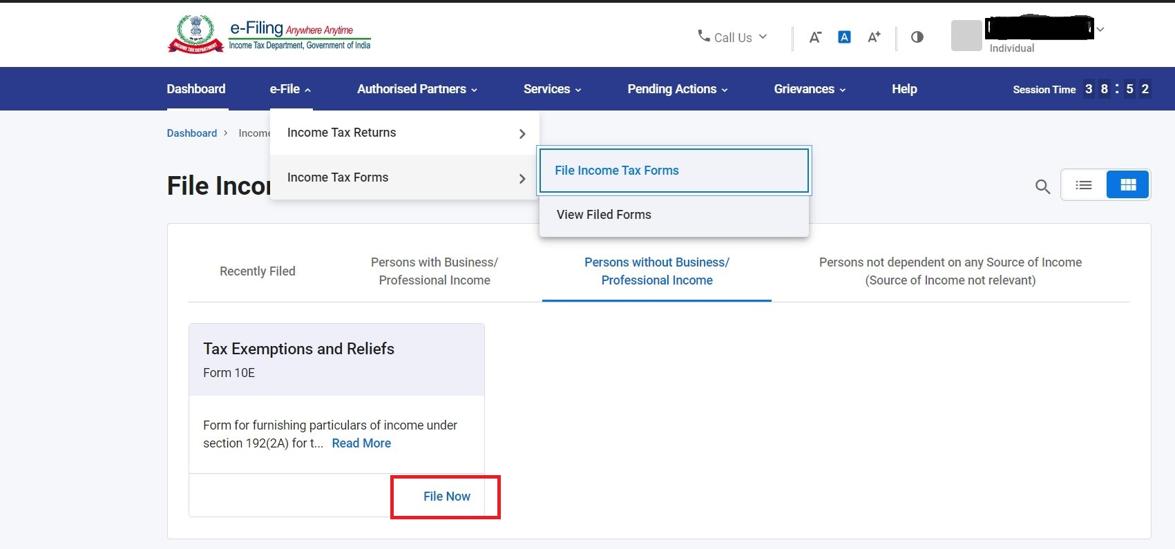 Select file now in the form 10E populated on the screen