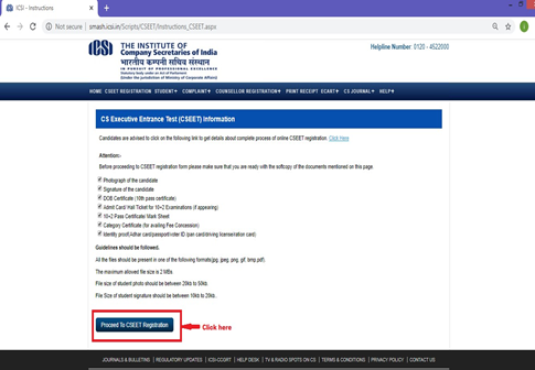 Tick the required boxes and move to proceed to CSEET registration