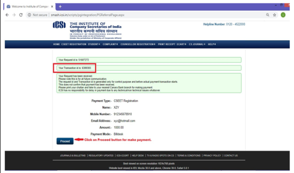 Transaction Id Generation- Note transaction Id for future reference