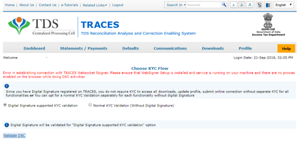 Error in establishing connection with TRACES Websocket Emsigner