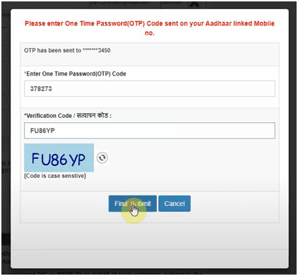 Enter OTP sent on your Aadhaar linked Mobile number