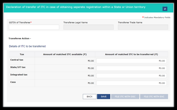 Declaration of transfer of ITC