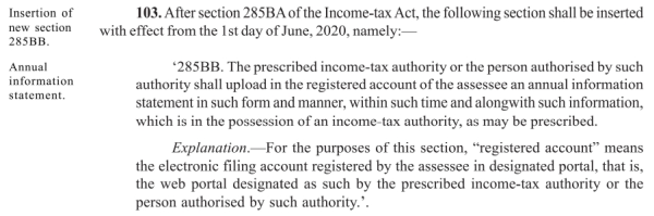 Extracts of The Finance Act, 2020 in respect of Section 285BB