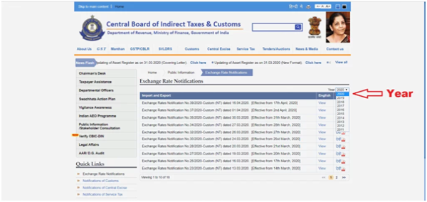 You can find here both import and export exchange rates