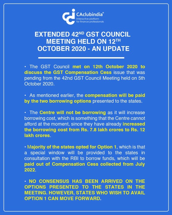 Outcome of the Extended 42nd GST Council Meeting held on 12th October 2020