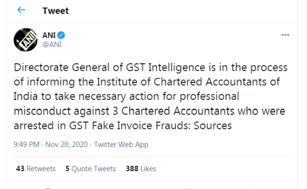 Directorate General of GST Intelligence informs ICAI to take appropriate action against 3 CAs who were arrested in GST Fake Invoice Frauds