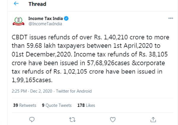 CBDT issues refunds of over Rs. 1,40,210 crores to more than 59.68 lakh taxpayers between 1st April 2020 to 01st December 2020