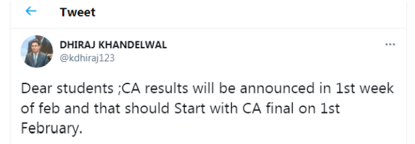 CA Final Nov 2020 result to be announced on 1st February 2021