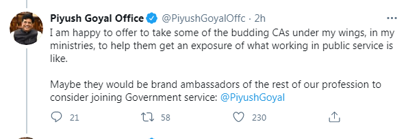 Shri Piyush Goyal offers CAs a chance to work in his ministry to get exposure in public service