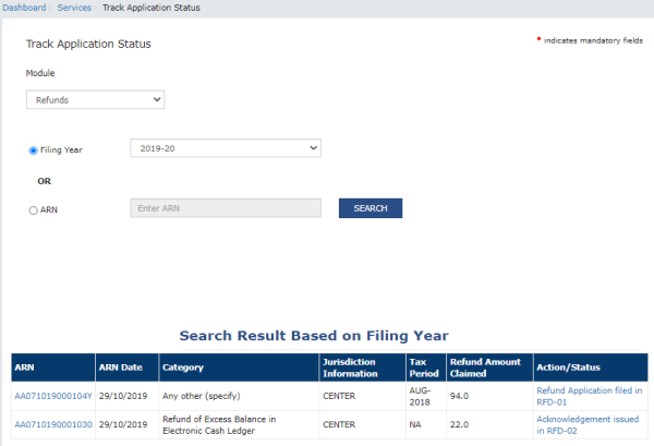 List of ARNs of refund application filed in that year are displayed