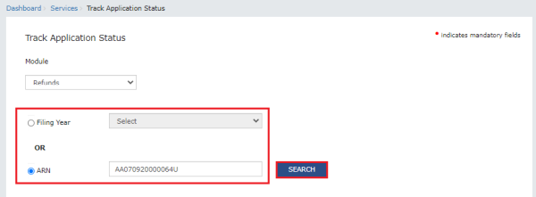 Enter the ARN of refund application and click the SEARCH button