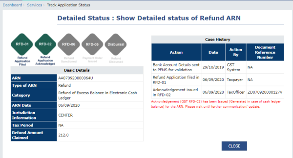 Detailed status of the Refund Application ARN is displayed