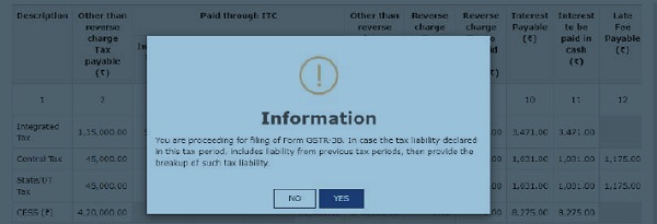 Information/warning Screen before submission and filing of GSTR 3B
