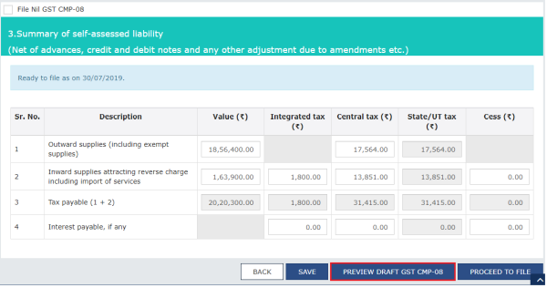 Click PREVIEW DRAFT GST CMP-08 and a pdf file will be downloaded