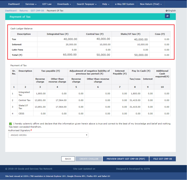 Refresh the screen after sometime and Payment of Tax page is displayed