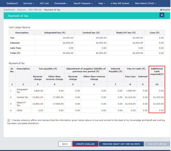 You may create challan for the additional cash directly by clicking on the CREATE CHALLAN button