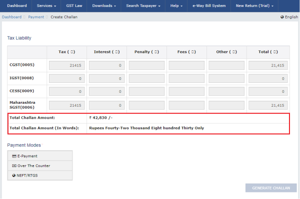 The Tax Liability Details grid, the Total Challan Amount field and Total Challan Amount (In Words) fields are auto-populated with total amount of payment to be made