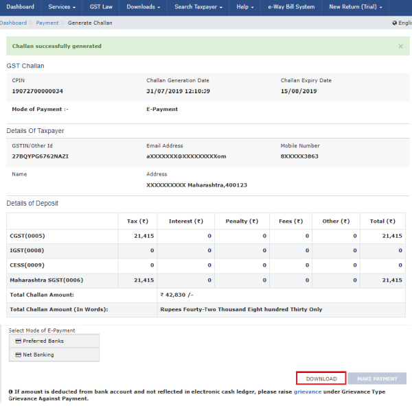 Click on DOWNLOAD button to download the challan