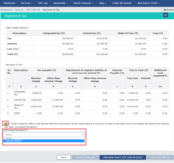 Select the checkbox against the declaration