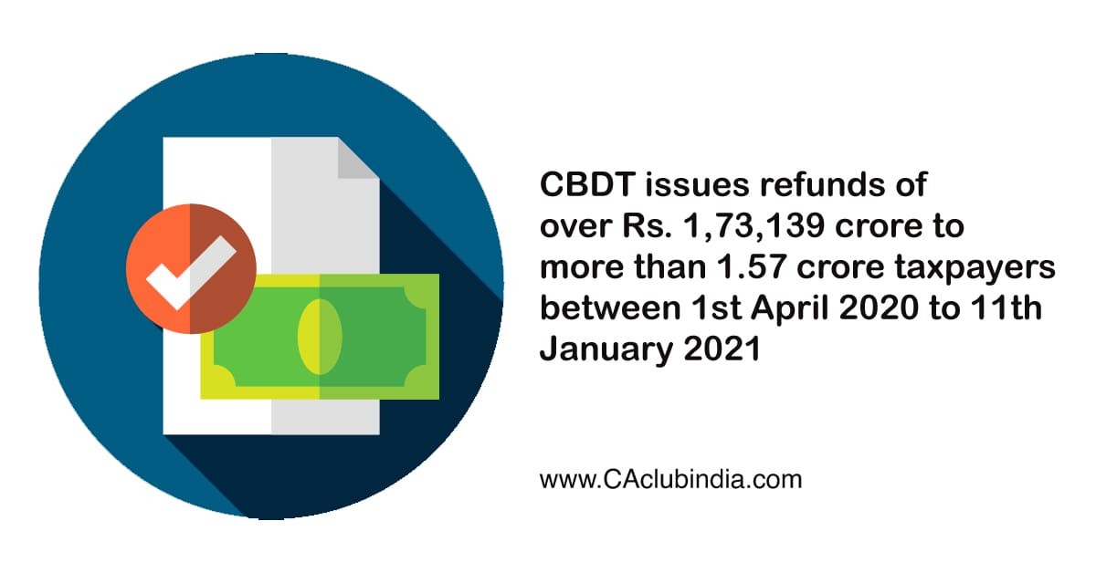 CBDT issues refunds of over Rs. 1,73,139 crore to more than 1.57 crore taxpayers between 1st April 2020 to 11th January 2021