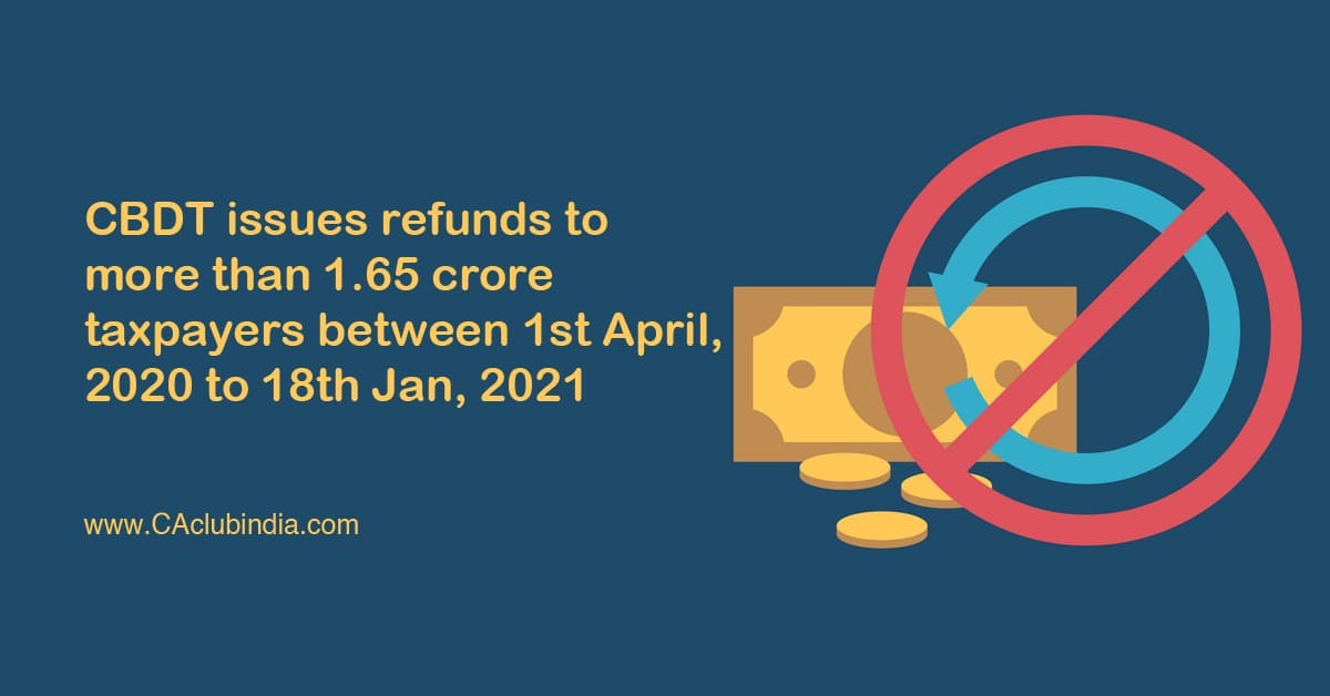CBDT issues refunds to more than 1.65 crore taxpayers between 1st April, 2020 to 18th Jan, 2021