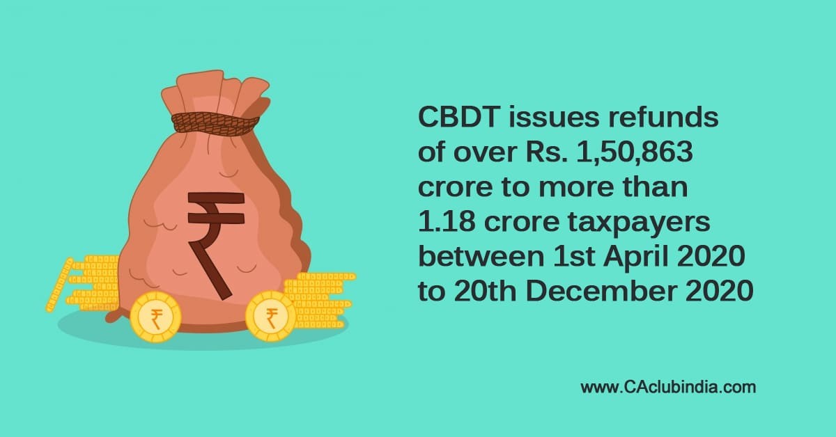 CBDT issues refunds of over Rs. 1,50,863 crore to more than 1.18 crore taxpayers between 1st April 2020 to 20th December 2020