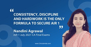 CAclubindia in an Exclusive Conversation with 19 year old Nandini Agrawal - AIR 1 July 2021 CA Final Exams